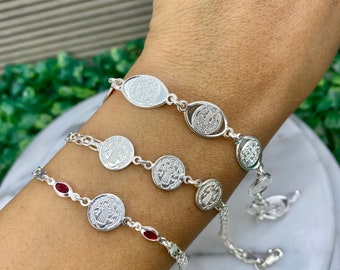 YAFEINI Saint Benedict Bracelet – 925 Sterling Silver, Adjustable Chain, Religious Jewelry For Women And Men