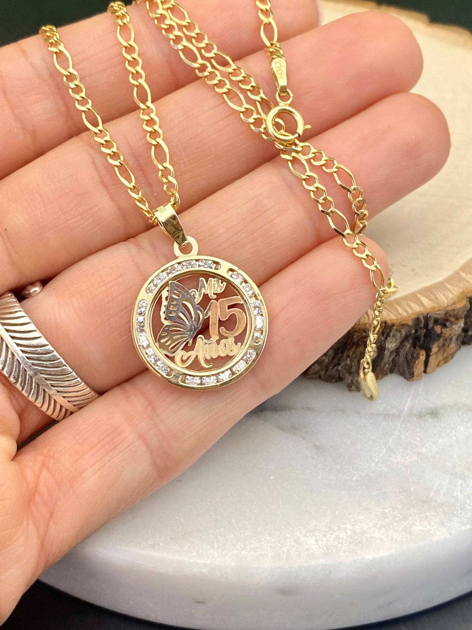 Gold Quinceañera Necklace 10 Kt Figaro Gold Chain Cadena De Etsy