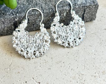Mexican Sterling Silver Filigree Hoop Earrings, Jerezanas Arracadas
