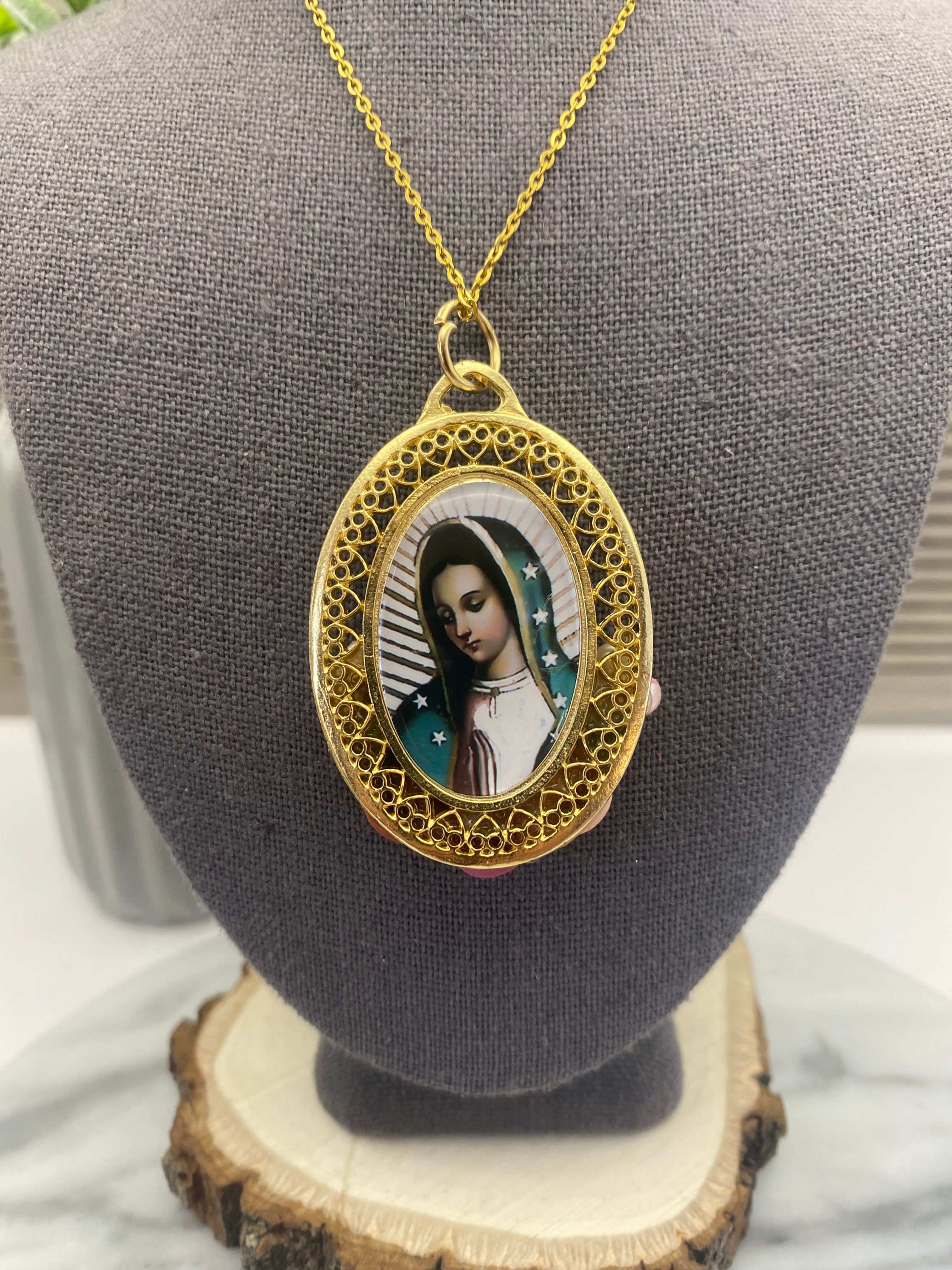 Lady of Guadalupe Necklace, Mexican Virgin Mary Necklace, Hand 
