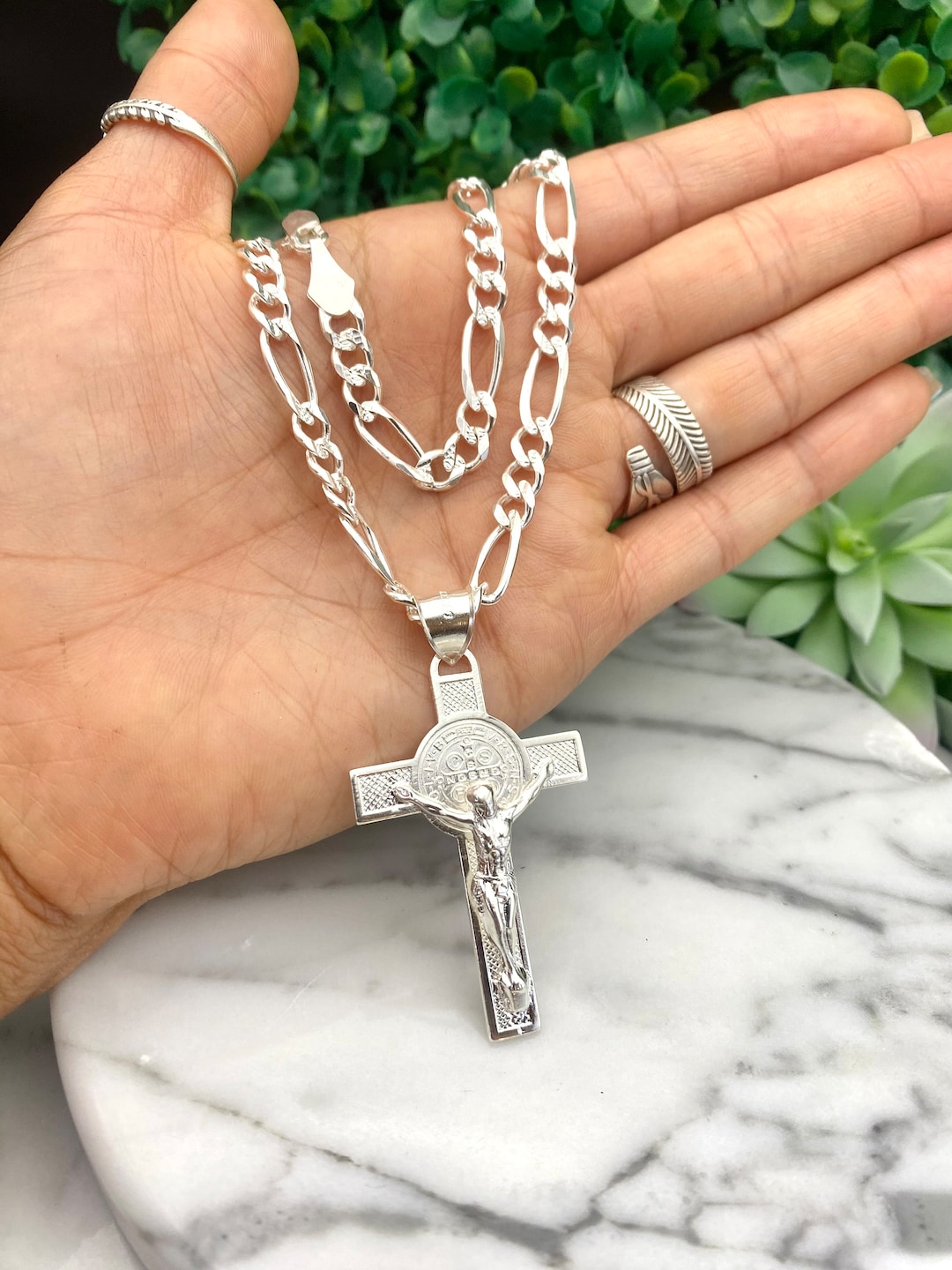 925 Sterling Silver Saint Benedict Crucifix Necklace, Figaro Chain - Etsy
