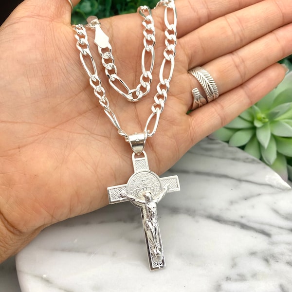 925 Sterling Silver Saint Benedict Crucifix Necklace, Figaro Chain