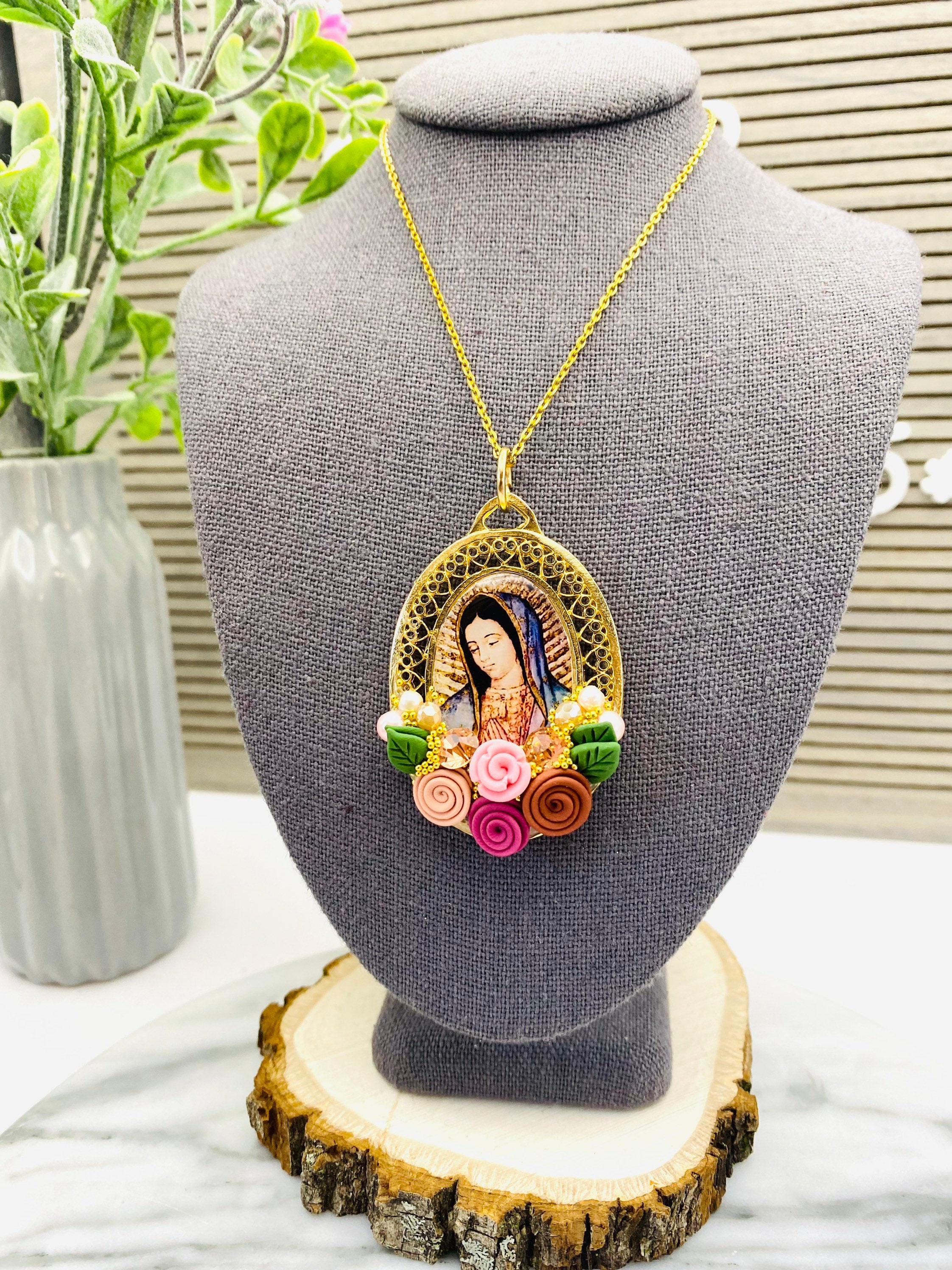 Lady of Guadalupe Necklace Mexican Virgin Mary Necklace Hand Made Collar Artesanal Mexicano Artesanal Virgen Maria Medalla 19 Etsy