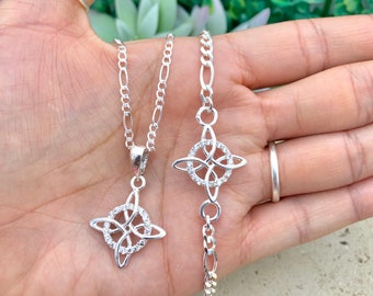 Silver 925 witch knot necklace, witch knot figaro bracelet , collar Nudo de bruja de plata mexicana.925, Pulseras de plata