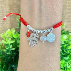 Saint Benedict red bracelet, Evil eye Hamsa charm, woven red bracelet , sterling silver 925, Pulsera roja de san Benito plata mexicana 925