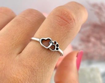 Sterling silver 925 paw print ring,  Pet love ring , Minimalist heart ring