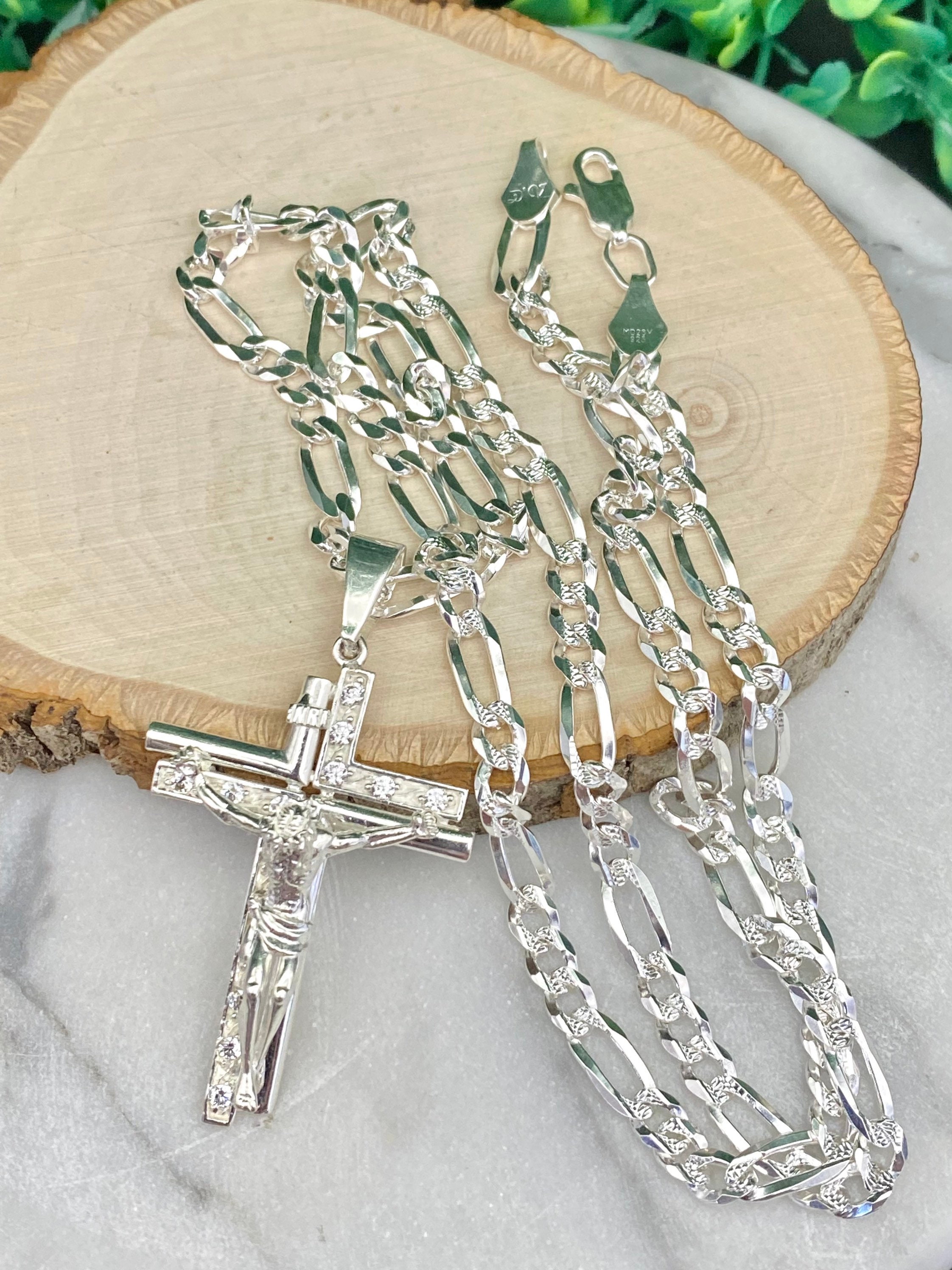 925 Silver Crucifix Necklace for Man Figaro Chain Mexican 