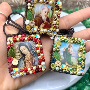 Escapulario de la Virgen de Guadalupe, San Judas Tadeo, San Benito, woven Scapular necklace St Jude, St Benedict, our Lady of Guadalupe