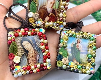 Escapulario de la Virgen de Guadalupe, San Judas Tadeo, San Benito, woven Scapular necklace St Jude, St Benedict, our Lady of Guadalupe