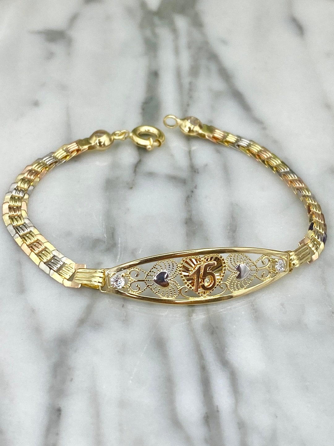 14 Kt Gold Quinceañera Bracelet, Solid Gold 14 Kt, Tri Tone Gold