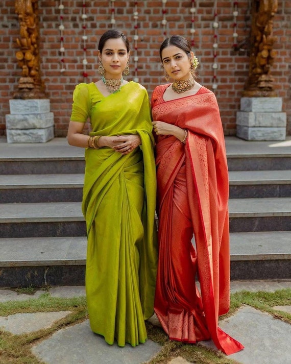 Beutiful Pure Soft Silk Saree Designer Lime Yellow and Red Saree