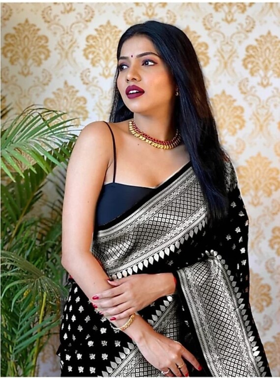 New Designer Indian Style Women Black Soft Silk Saree Traditional