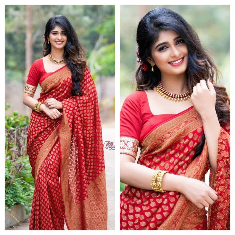 red beutiful royal sari soft silk saree Indian Wedding wear indian sari traditional saree party wear daily wear sari for women image 1