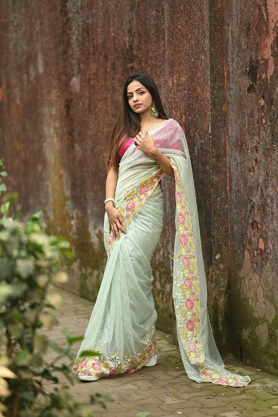 Latest Trending Embroidered Work Soft Net Saree Ultra Satin Inner Soft Net  Material Embellished Sari Designer Saree for Women -  Canada