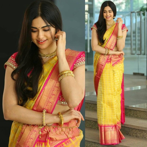 Yellow saree with store pink blouse