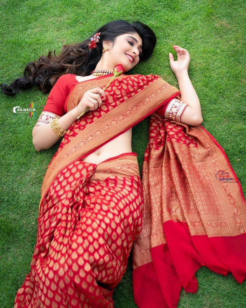 red beutiful royal sari soft silk saree Indian Wedding wear indian sari traditional saree party wear daily wear sari for women image 4