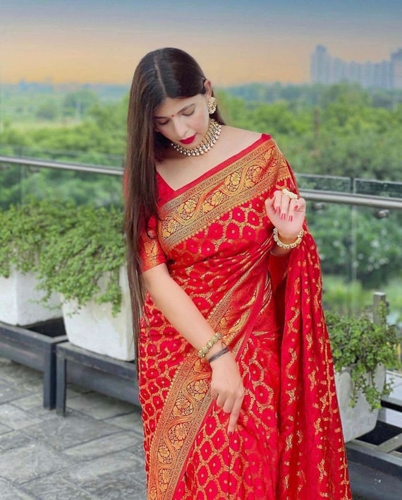 Dream Wedding Look Soft Silk Red Sarees Indian Wedding Sari for