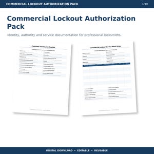 Locksmith Lockout Authorization Forms | Customer ID Verification Work Order | Property Vehicle Access | Editable Word PDF Excel