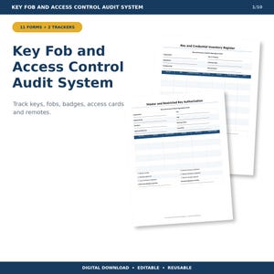Könnte beinhalten: Ein Dokumentenset für ein Key Fob and Access Control Audit System mit 11 Formularen und 2 Trackern. Die Seiten enthalten ein Key and Credential Inventory Register sowie ein Master and Restricted Key Authorization Formular zur Verwaltung.