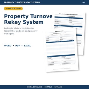 Property Management Rekey Forms Bundle | Locksmith Work Order, Key Log & Turnover Checklist | Editable Word PDF Excel