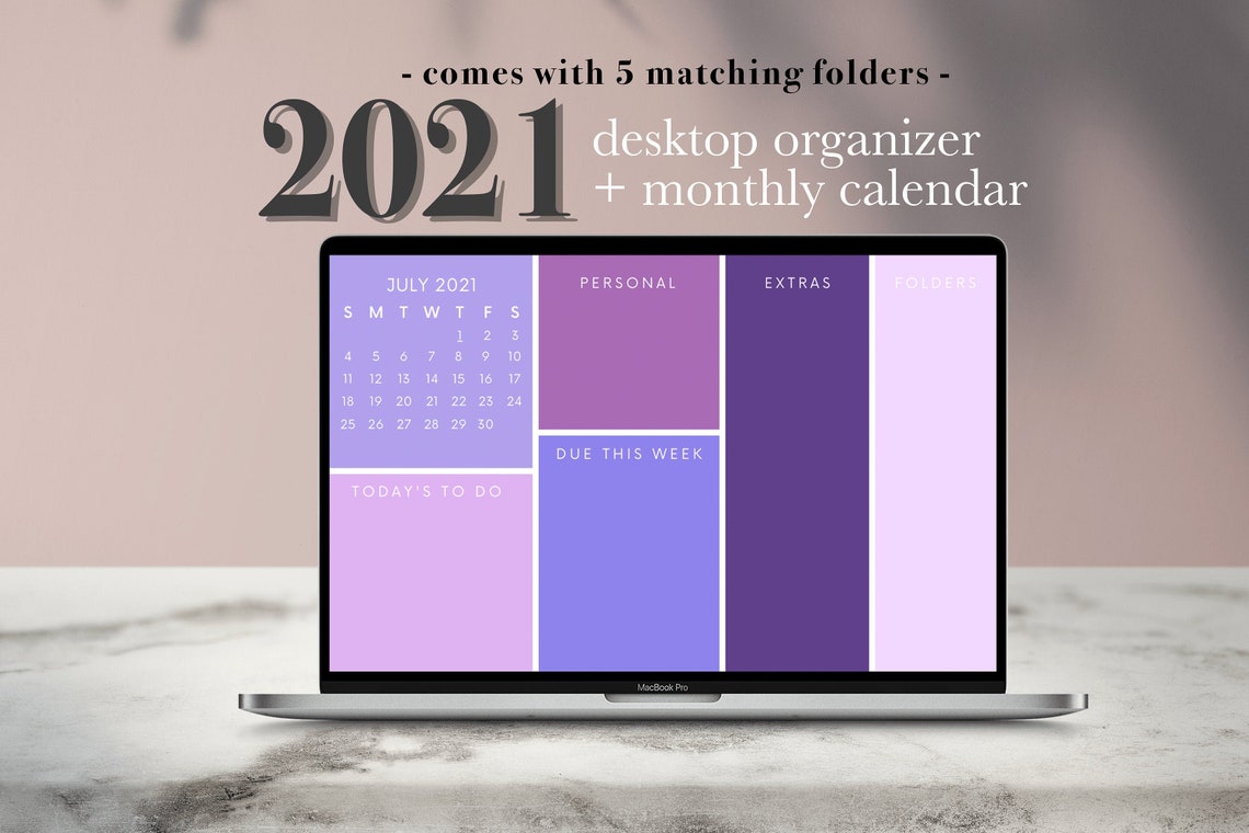 Purple Desktop Wallpaper Organizer With 2021 Calendar Instant Etsy