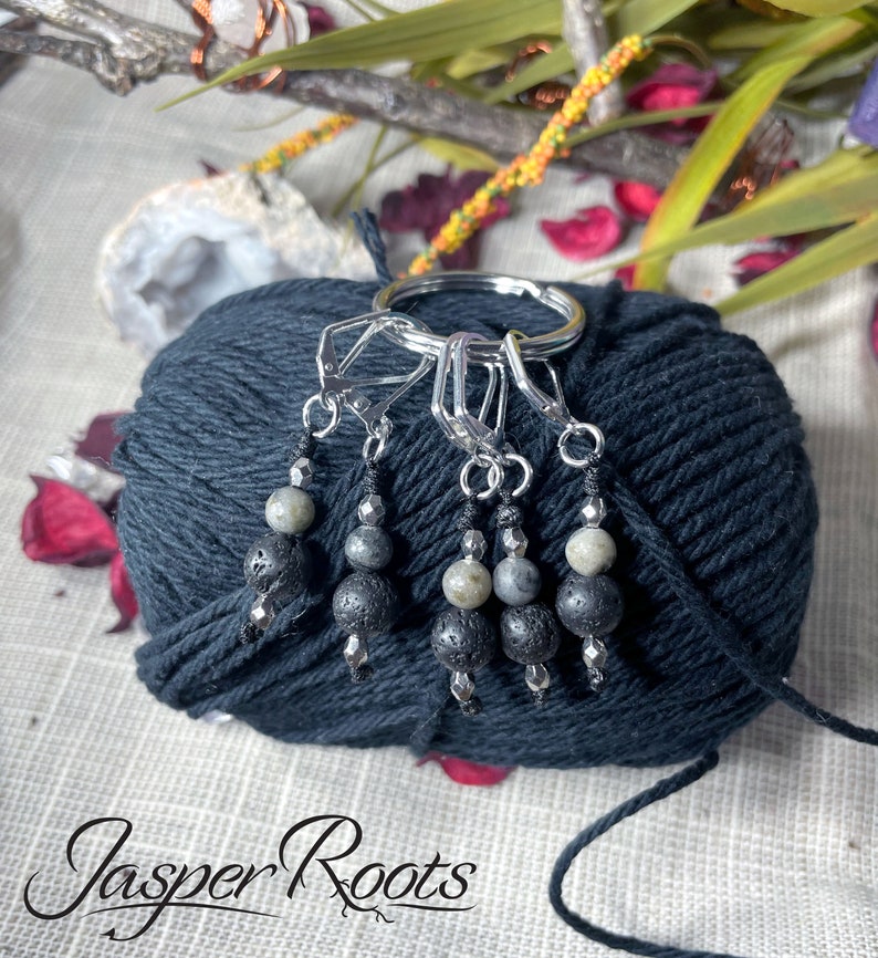 Black Network Agate and Lava Stone Gemstone Stitch Markers Strong Ties