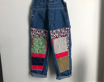Vintage quilt patch upcycled overalls