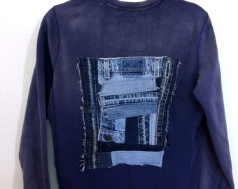 denim quilt patch upcycled sweatshirt