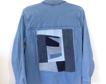 denim quilt patch upcycled shirt