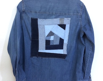 denim quilt patch upcycled shirt