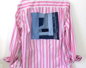 denim quilt patch upcycled shirt
