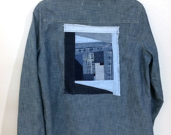 denim quilt patch upcycled shirt