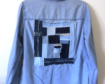 denim quilt patch upcycled shirt