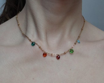 Necklace with colored light point charms | necklace with round crystals | steel necklace