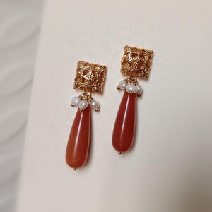 Orecchini A Bottone Oro 18K Con Occhio Di Tigre E Agata Rossa - Vintage Donna