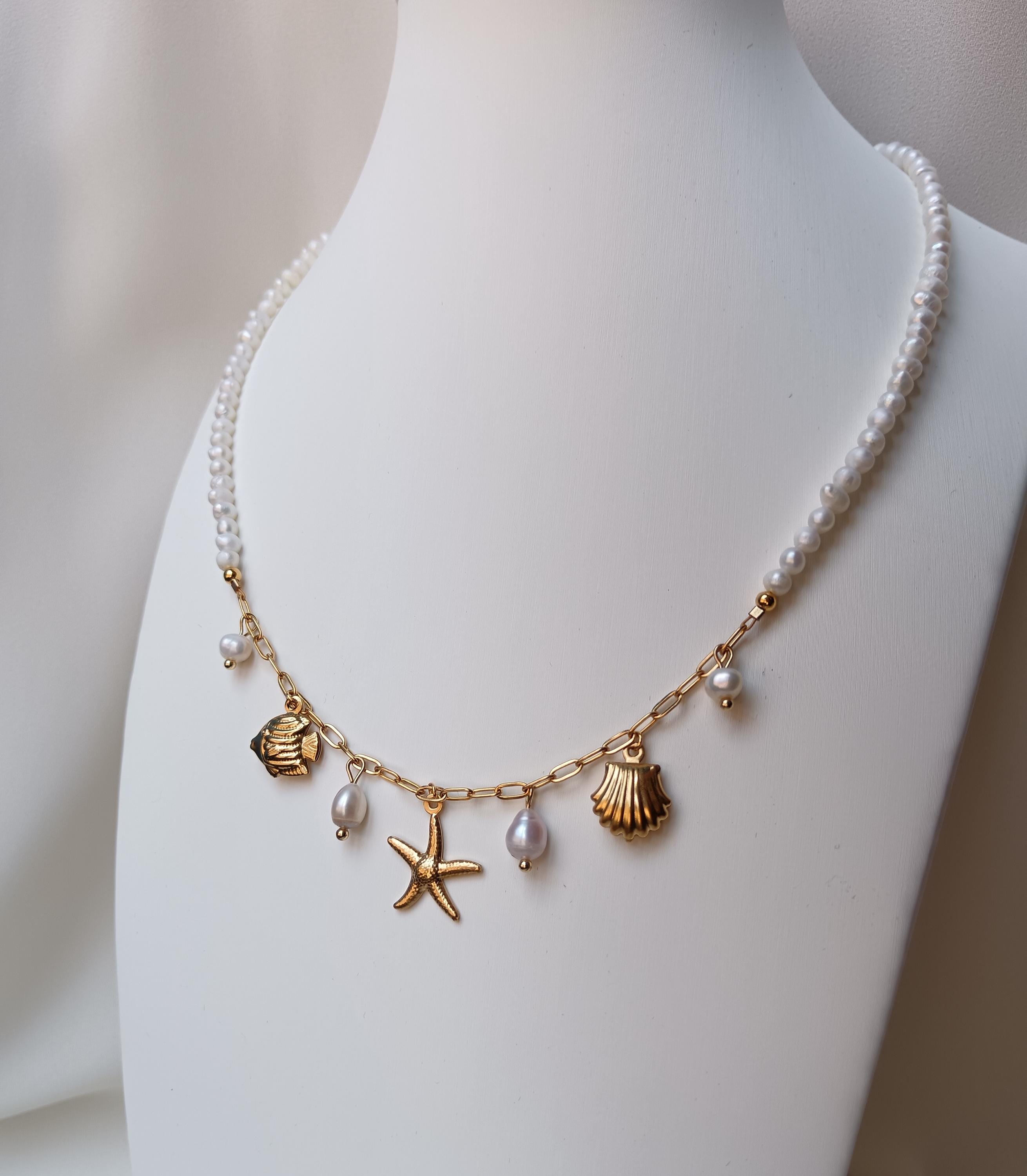 Collana A Strati In Oro 18k Con Ciondolo Stella Marina E Conchiglia, Regolabile 45-50 Cm, Gioiello Donna Bohémien Per Spiaggia
