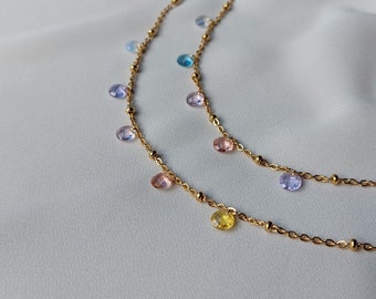 Halsketting met gekleurde lichtpuntbedels | ketting met ronde kristallen | stalen ketting | pastelkleuren