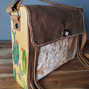Cactus Print, Real Cowhide Leather Purse, Crossbody Shoulder Purse, Cowgirl, Gift for Her, Hair On Cowhide, Cactus Purse, Wooden Purse, Cow