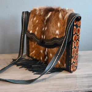 Axis Hide Crossbody Purse. Real Leather. Wood & Epoxy Sides. Axis Deer. Black Brown Purse. Axis Deer Purse. Cowhide Purse. Unique Gift