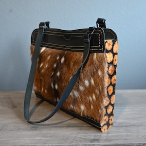 Axis Hide Tote Purse. Real Black Leather with Cedar Wood, Epoxy Sides. Axis Deer. Gifts for Her. Shoulder Purse. Cowhide Purse.