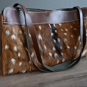 Axis Hide Extra Large Tote Purse Bag, Cedar Wood Side, Real Brown Leather, Shoulder Purse, Gifts for Her, Axis Deer Hide, Cowhide Purse
