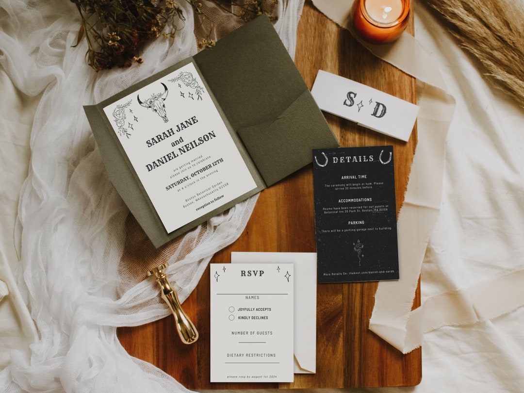 Boho Wedding Invitations Western Wedding Pocket Fold Wedding