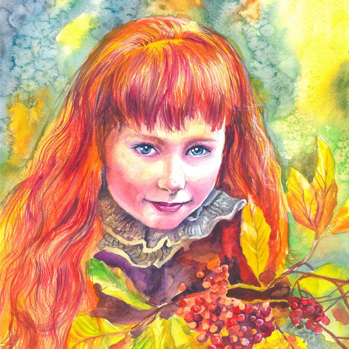 Girl Water Color Painting RedHaired Art Portrait of a Cute Etsy