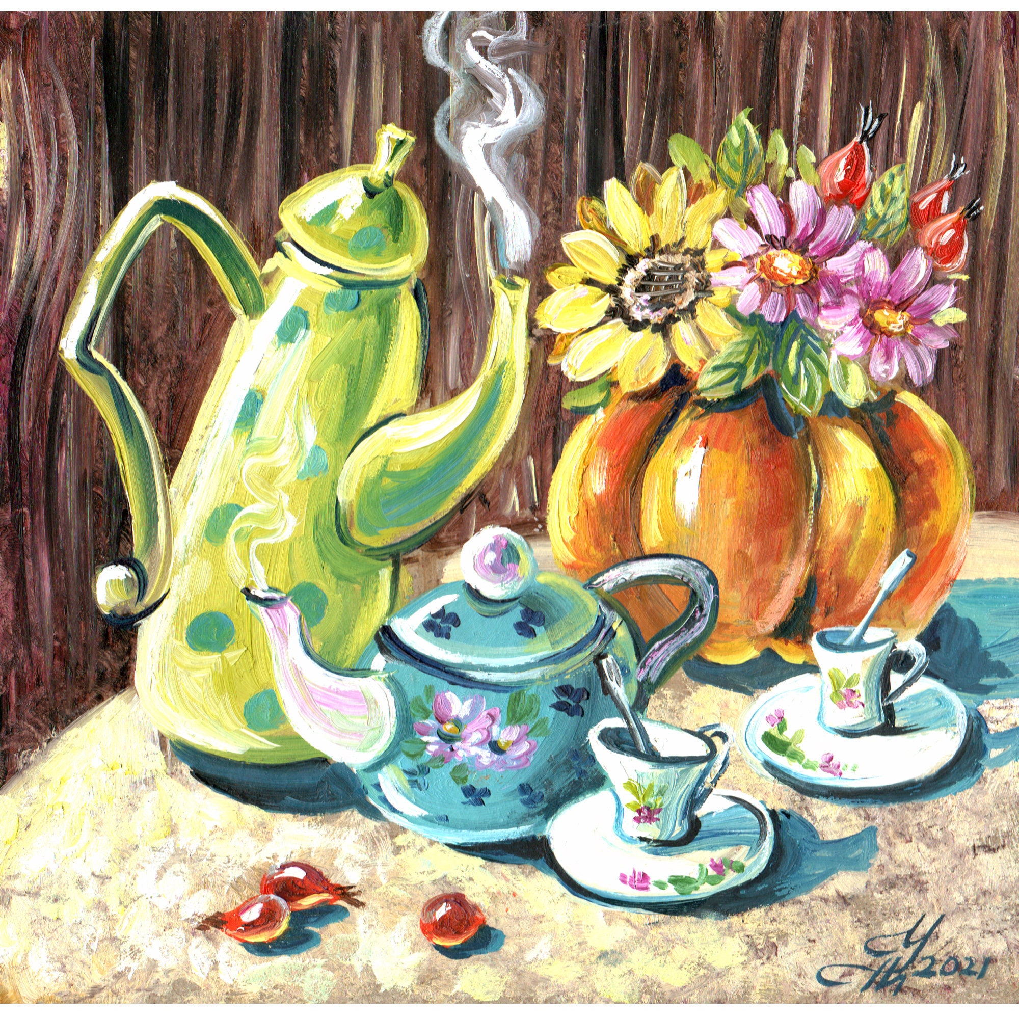 Pumpkin Painting Teapot Painting Mini Original Art Autumn Etsy