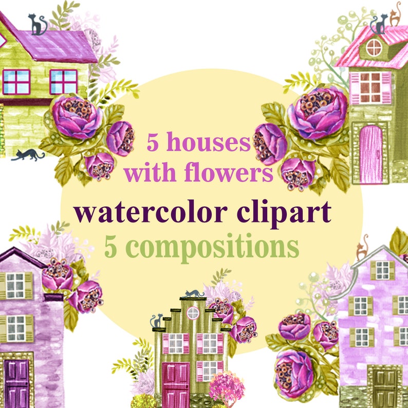 Download Houses With Flowers Watercolor Clipart Cute Hand Painted Houses Trees Flowers Cats Greenery Clipart Boho Clipart Fairy Garden House Clip Art Art Collectibles