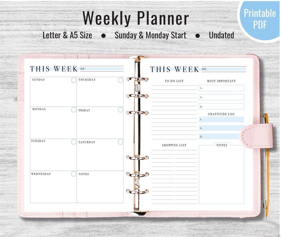 Weekly Planner Printable, Undated Weekly Planner, Printable, Letter, A5 ...
