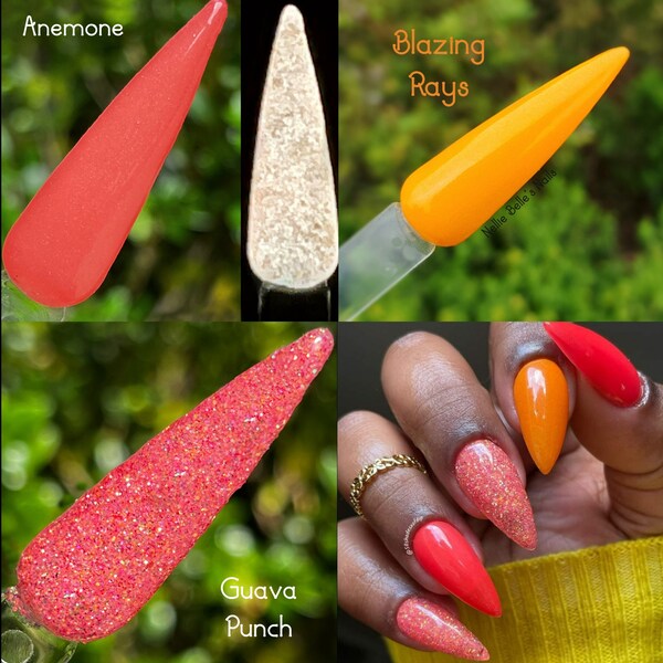 Belle Bundles-Belle Bundles-Anemone, Blazing Rays, and Guava Punch, Orange, Coral, Fine Glitter, Shimmer, Glow, Nail Dip, 2 in 1