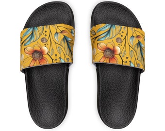 Yellow Floral Design Women's PU Slides