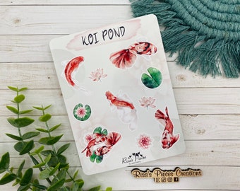 Koi Pond Sticker Sheet, Koi Sticker, Fish Sticker, Lily Pad Sticker Sheet, Journal Stickers, Scrapbooking Stickers, Water Lillies, Good Luck