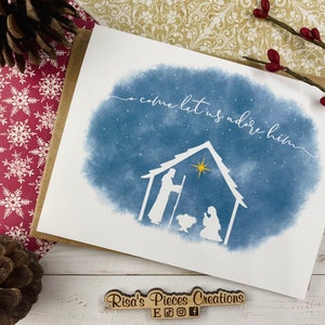 Linen Texture Nativity Card, Christmas Cards, Holiday Greeting, Oh Holy Night, Let Us Adore Him, Away In A Manger, Seasonal Cards
